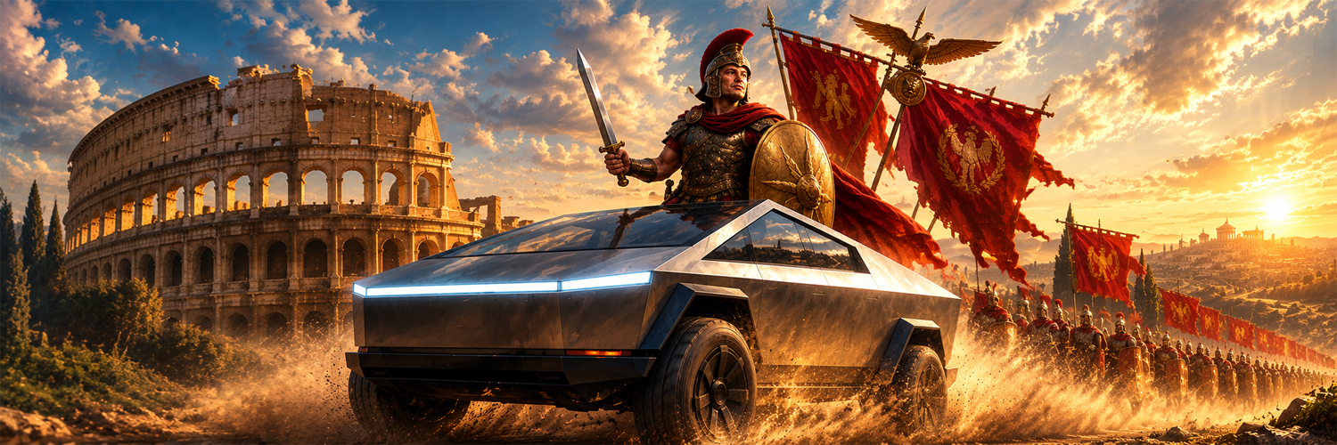 Elonius Maximus rides a steel chariot before the Colosseum