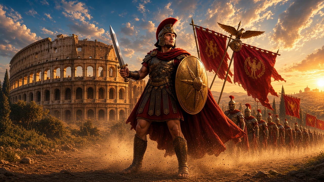 Elonius Maximus and the legion before the Colosseum at sunset